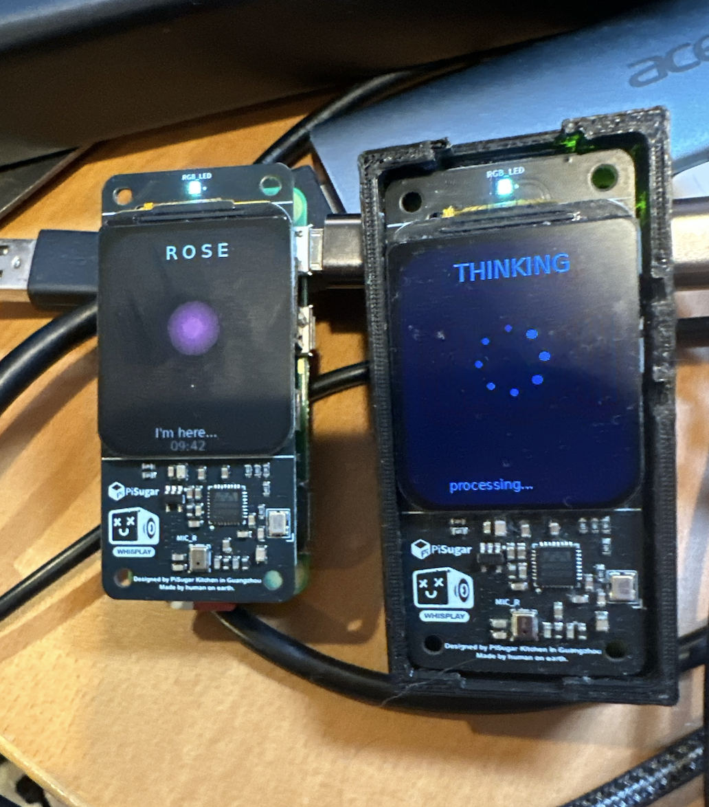 Rose, the companion device, two units showing 'I'm here' and 'Thinking'